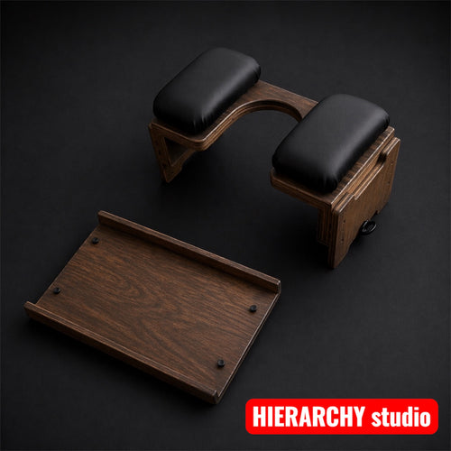 Comfort Edition queening stool with black vinyl cushions and top panel, padded facesitting bench, wooden bdsm furniture