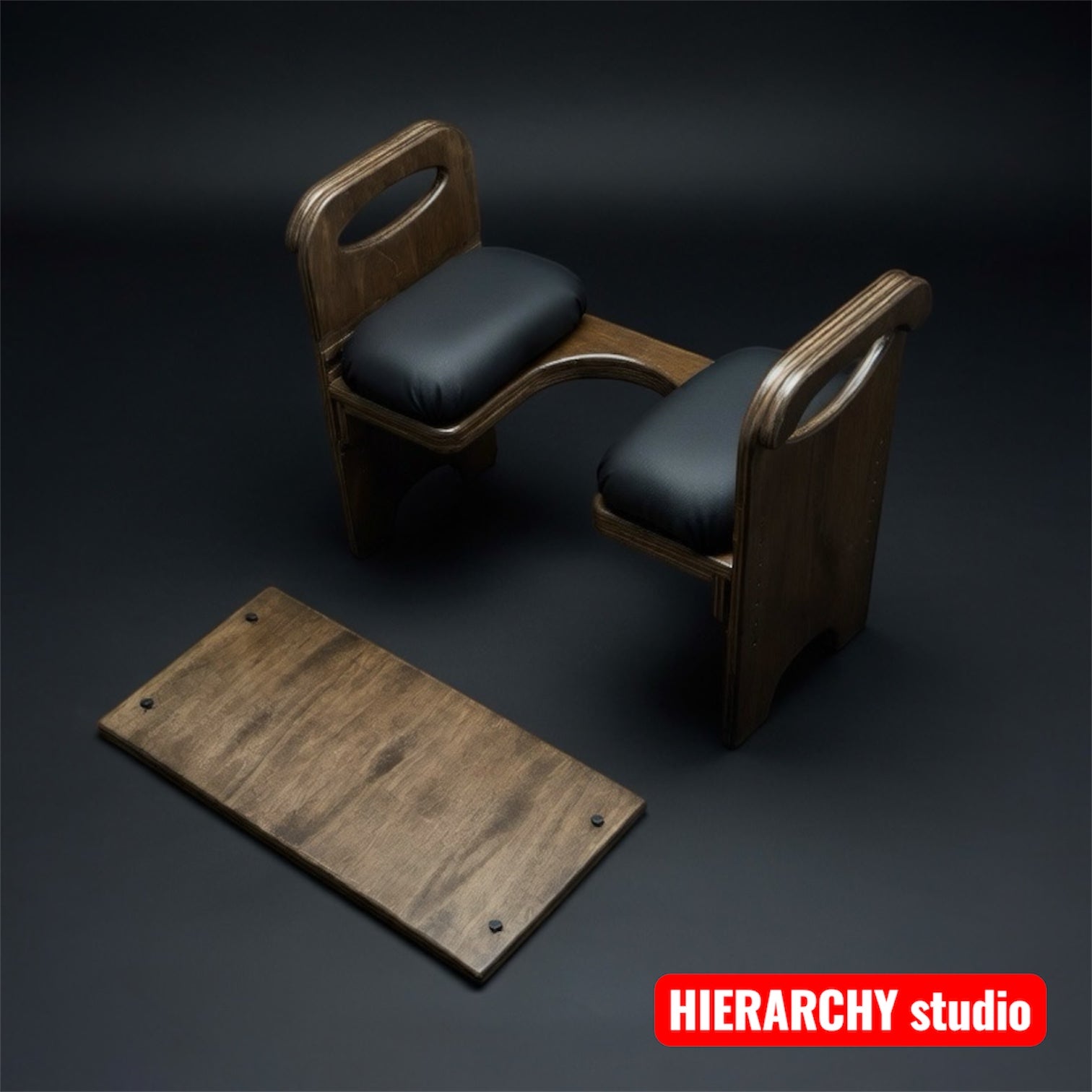 Comfort Edition queening chair with black vinyl cushions, padded facesitting bench, wooden femdom bdsm furniture