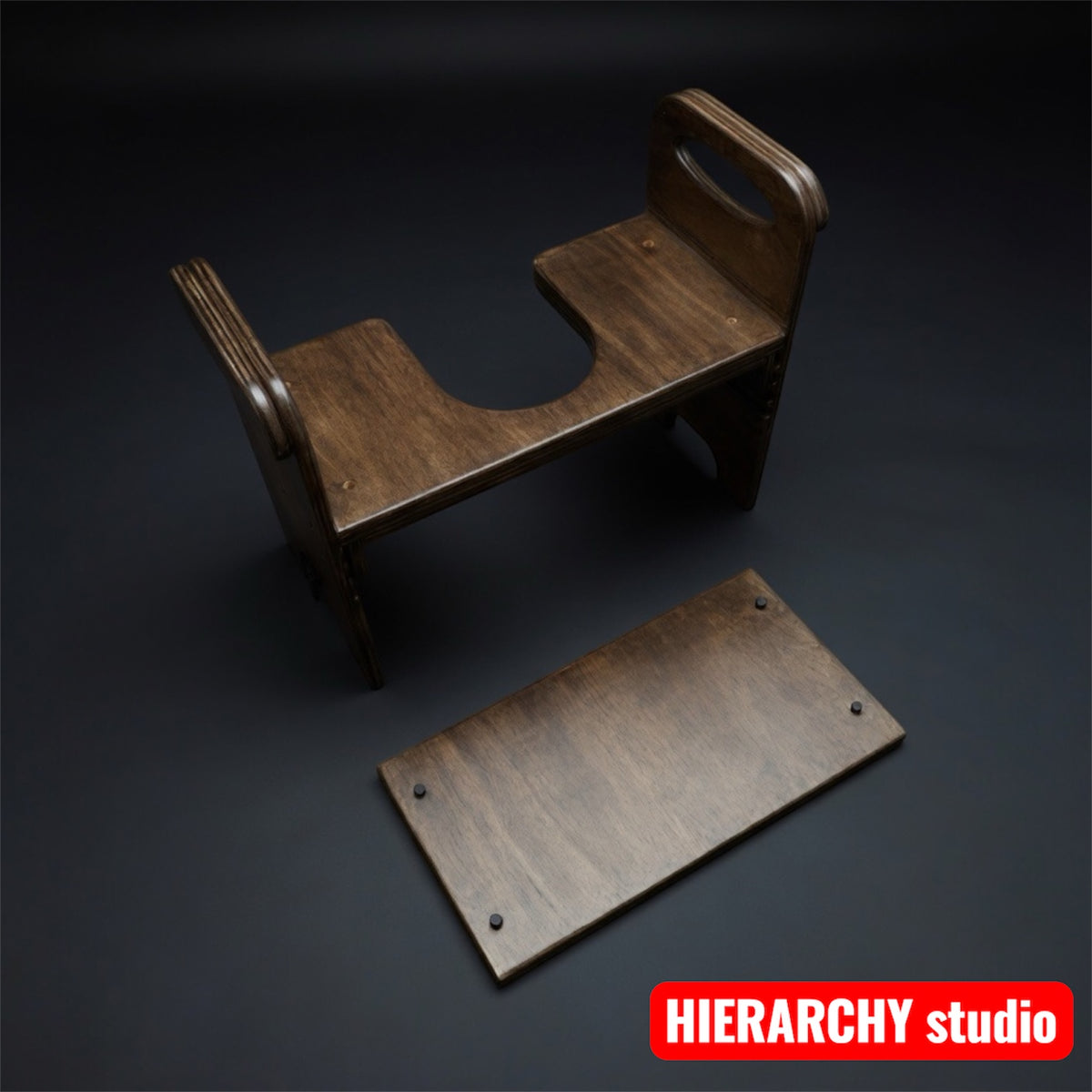 Facesitting chair side view showing height adjustment holes, wooden queening stool, femdom furniture, bdsm chair with D-rings