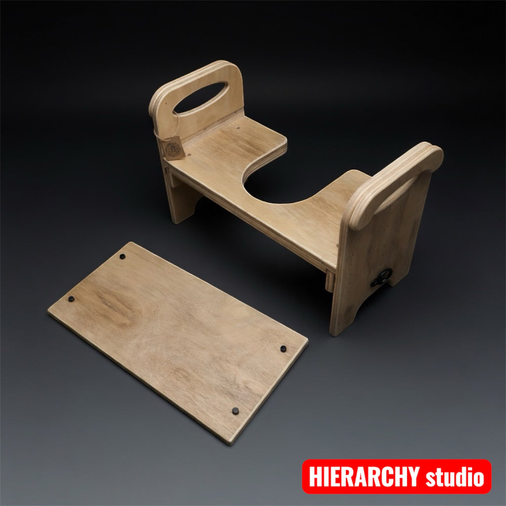 Facesitting chair with removable top panel closed, discreet wooden furniture that looks ordinary, femdom furniture, queening chair