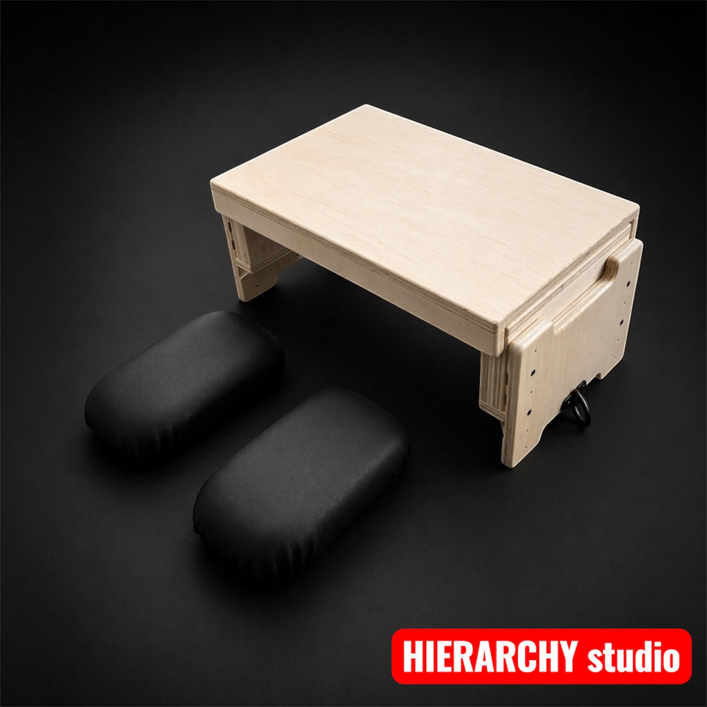 Natural birch facesitting stool with top panel and cushions, discreet queening furniture, bdsm stool USA