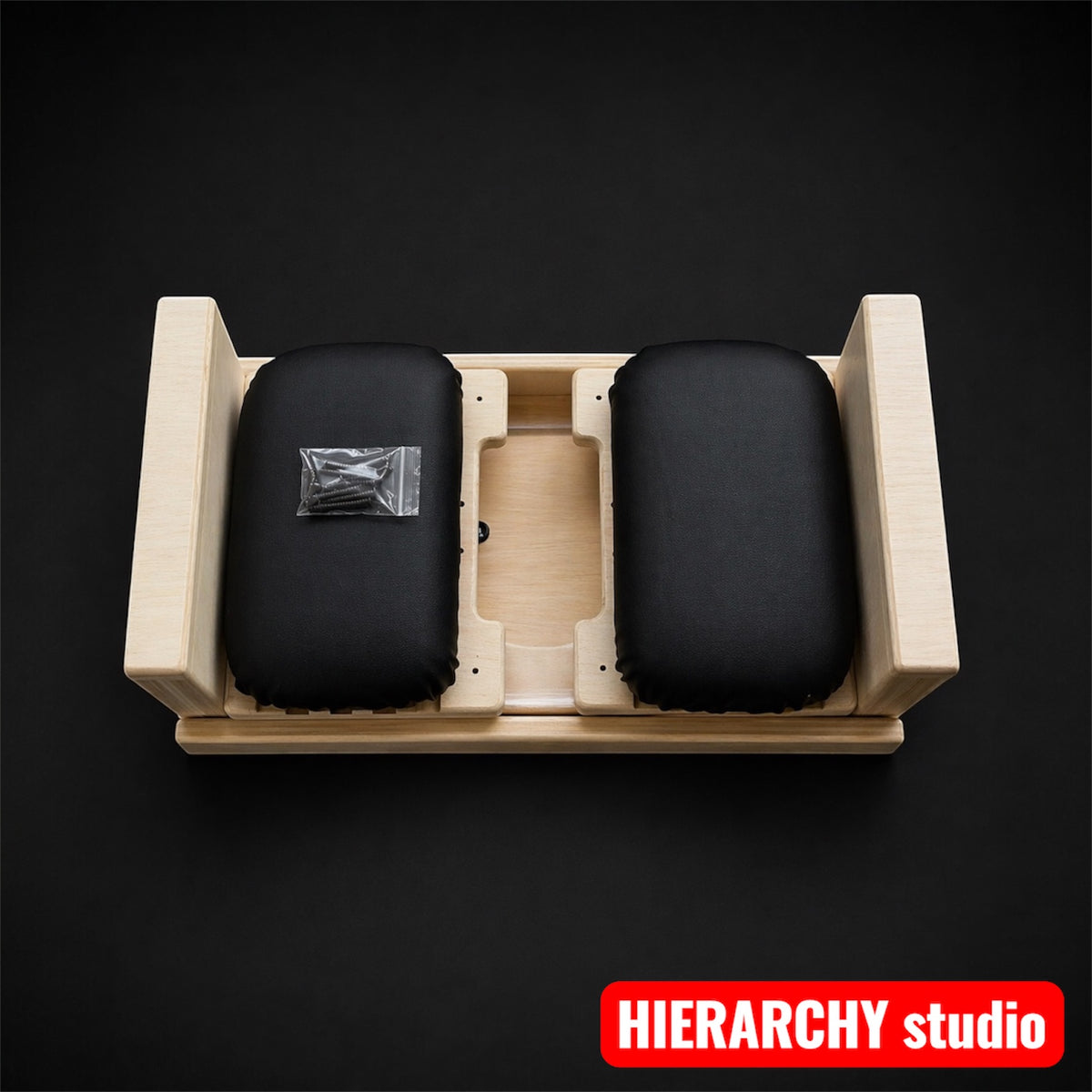 Facesitting stool cushions and screws laid out, padded queening stool components, wooden bdsm furniture